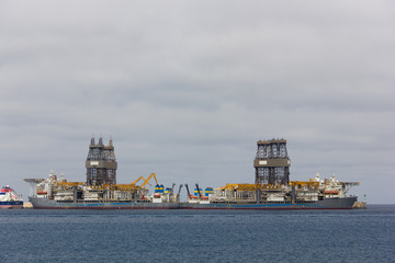 Drilling platform boats in Las Palmas harbor, Spain. Oil industry concept