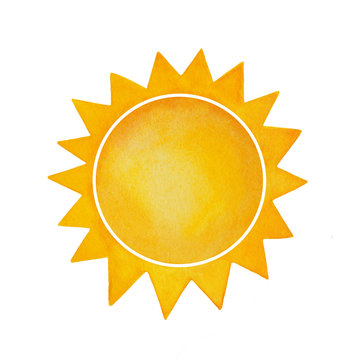 Watercolour illusrtration of decorative sun with spiked crown. Symbol of happiness, energy, life, power, warmth, light. Handdrawn water color graphic paint on white backdrop, isolated clipart element.