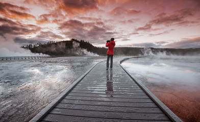 geyser yellowstone, The Grand Prismatic Spring in the Midway Geyser Basin - Yellowstone National Park Tourist Viewing Spectacular Scene