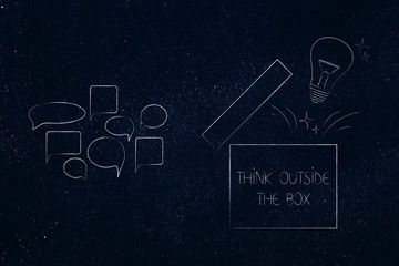 empty opinion comic bubbles next to open box with lightbulb think outside the box