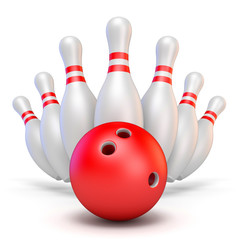 Red bowling ball and scattered pins 3D rendering illustration on white background