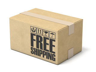 Free shipping cardboard box 3D rendering illustration on white background