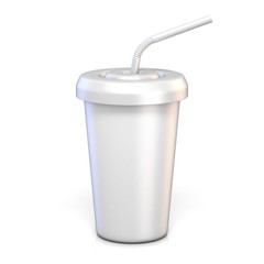 Blank paper glass with drinking straw 3D rendering illustration on white background