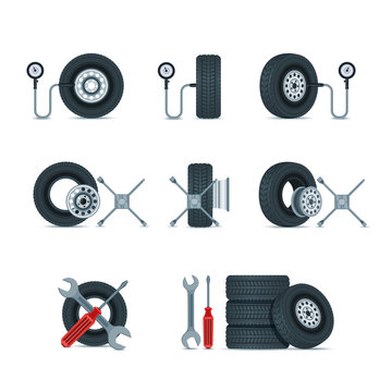 Pressure diagnostic and replacement wheels tools. Automobile tires, discs vector icons set. Car service design elements.