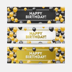 Happy Birthday with Gold and black ballons. Horizontal Banner Vector Design. Scattered Conffeti and ballons on Background