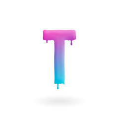 Letter T logo. Colored paint character with drips. Dripping liquid symbol. Isolated art concept vector.