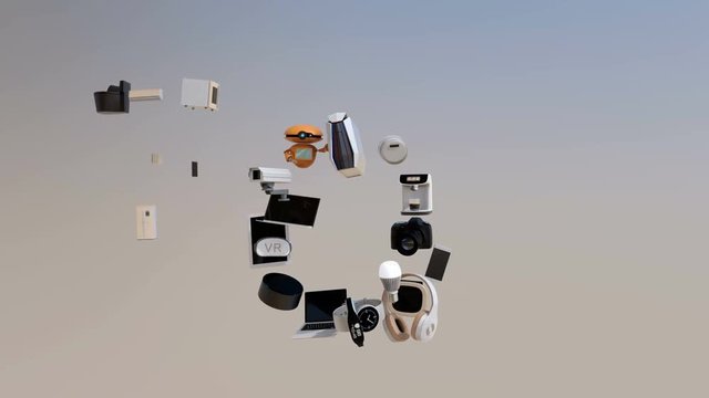 Smart appliances in word IoT. Internet of Things and home automation concept. Consumer products. 3D rendering animation.