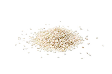 Pile of white sesame seeds on white backgrund