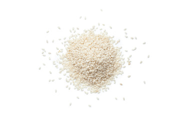 Pile of white sesame seeds on white background, Top view.