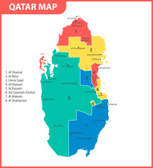 The detailed map of Qatar with regions or states and cities, capital. Administrative division