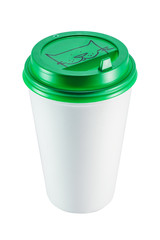 white plastic coffee cup with green lid isolated on white background, view from above with copy space