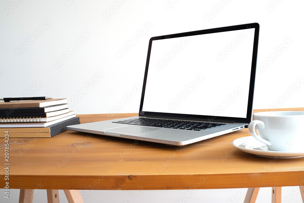 Poster laptop with blank screen on table. workspace background new project on laptop computer with blank co