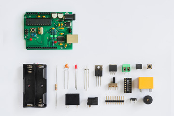 Top view of electronics component such as resistor, ICs, capacitor, switch, relay and connector.