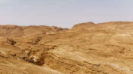 Landscape of yellow desert in mountains hot spring day.
