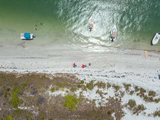 beach aerial drone above view white sand boats sea water island