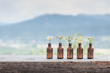Different white wildflowers bottle natural rustic background. Ayurveda Alternative Medicine Spa...