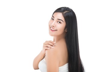 Beautiful Young Woman with Clean Fresh Skin touch own face,Facial treatment,Cosmetology beauty and spa .