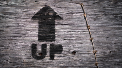 Outdoor wooden sign UP arrow with texture