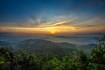 The sun is rising from the mountains, fresh morning. Colorful and memorable