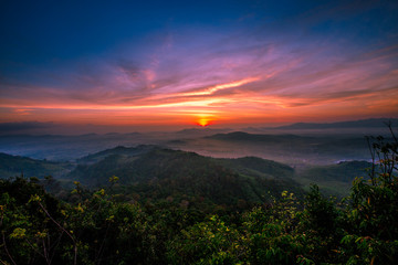 The sun is rising from the mountains, fresh morning. Colorful and memorable
