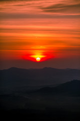 The sun is rising from the mountains, fresh morning. Colorful and memorable