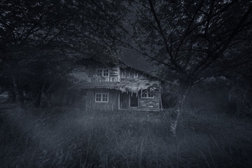 Spooky wooden house at night time