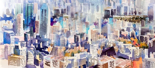 Tableau sur plexiglas Aquarelle gratte-ciel Watercolor painting landscape colorful of city  © Painterstock