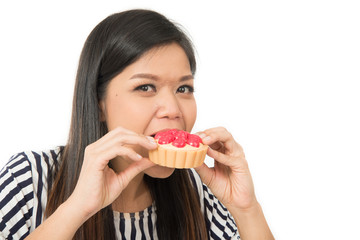 Asian woman eating cake dessert sweet food on white background