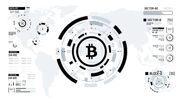 Bitcoin cryprocurrency futuristic black and white vector illustration. Worldwide digital money technology