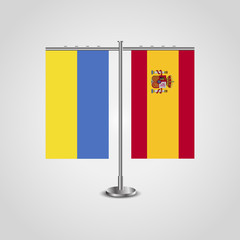 Table stand with flags of Ukraine and Spain.Two flag. Flag pole. Symbolizing the cooperation between the two countries. Table flags