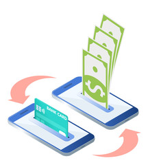 The money transfer process. Flat isometric isolated illustration. The sending and receiving banknotes with mobile phones and credit card. The banking, transaction, payment, business vector concept.