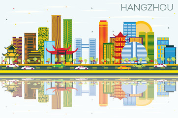 Obraz premium Hangzhou China Skyline with Color Buildings, Blue Sky and Reflections.