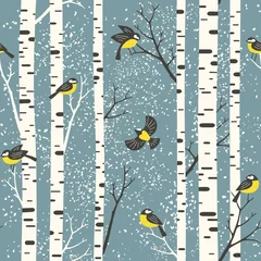 Wall murals Birch trees Snowy birch trees and birds on light blue background. Seamless vector pattern. Perfect for fabric, wallpaper, giftwrap or postcard design.