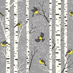 Wall murals Birch trees Snowy birch trees and birds on light grey background. Seamless vector pattern. Perfect for fabric, wallpaper, giftwrap or postcard design.