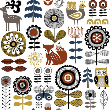 Hand drawn seamless vector pattern on white background. Scandinavian style drawing of flowers, woodland animals and traditional motifs. Perfect for fabric, wallpaper or wrapping paper. 
