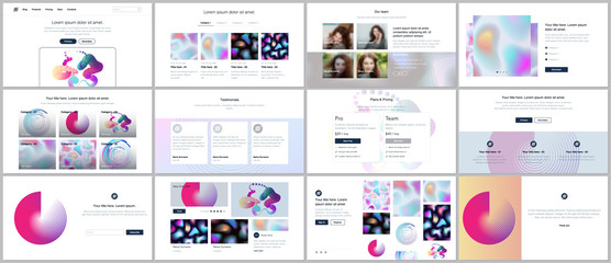 Vector templates for website design, minimal presentations, portfolio with geometric patterns, gradients, fluid shapes. UI, UX, GUI. Design of headers, dashboard, contact forms, features page, blog.