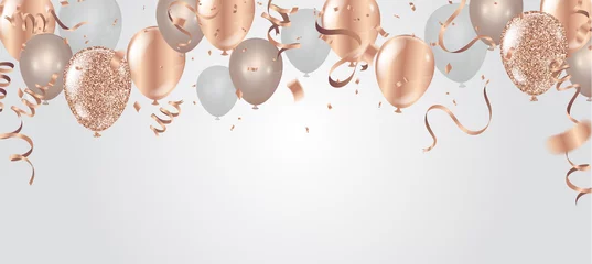 Foto op Aluminium Happy birthday vector illustration. Confetti and ribbons gold orange balloon, confetti, design template for birthday celebration. art © Sompong