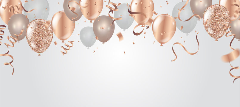 Happy birthday vector illustration. Confetti and ribbons gold orange balloon, confetti, design template for birthday celebration. art