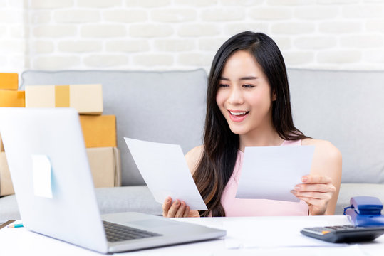 Young woman freelance online seller working at home