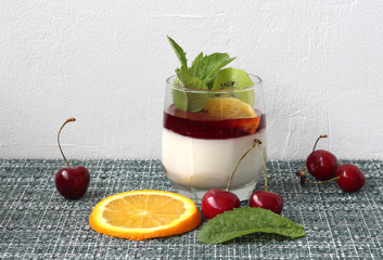dessert Panna cotta with cherries and min