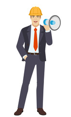 Businessman in construction helmet with loudspeaker and with hand in pocket