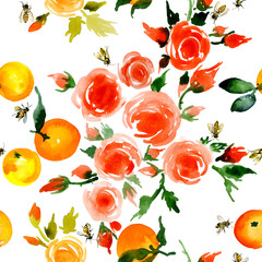 Delicate, small, fragrant, ancient roses, honey, rustic, wild bees, delicate, tasty, fragrant mandarins. Watercolor. illustration