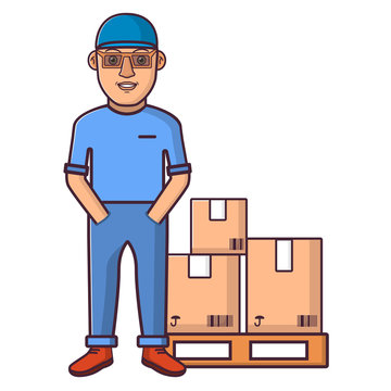 Courier in overalls with goods packed into boxes.Young man in clothes.Delivery service.Cartoon character person in flat line art vector.Business concept on icon website.