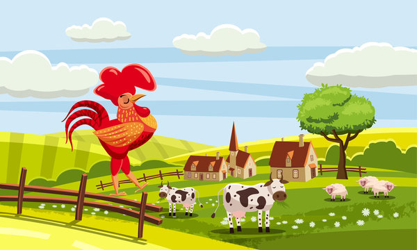 Rural cute farm view, cow, sheep, cock sitting on a fence, vector, illustration, isolated, cartoon style