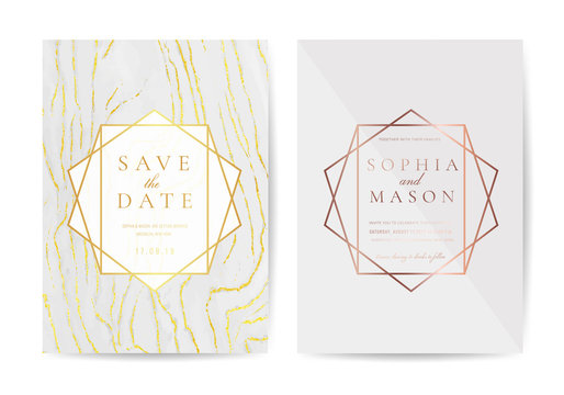 Luxury wedding invitation cards with gold marble texture and geometric pattern vector design template
