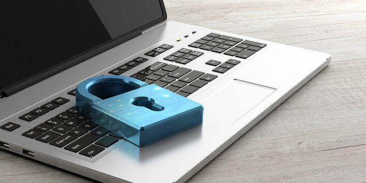 Blue padlock on a laptop, wooden background. 3d illustration