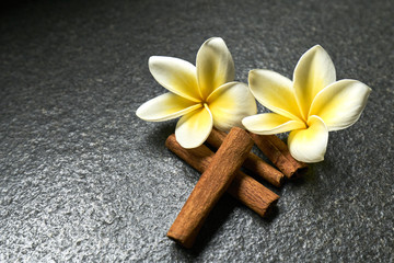 Fototapeta na wymiar Frangipani flowers yellow and cinnamon sticks on black granite b