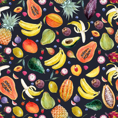 Watercolor exotic fruits vector pattern