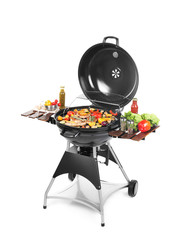 Modern barbecue grill with tasty food on white background