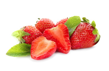 Ripe red strawberries and mint on white background